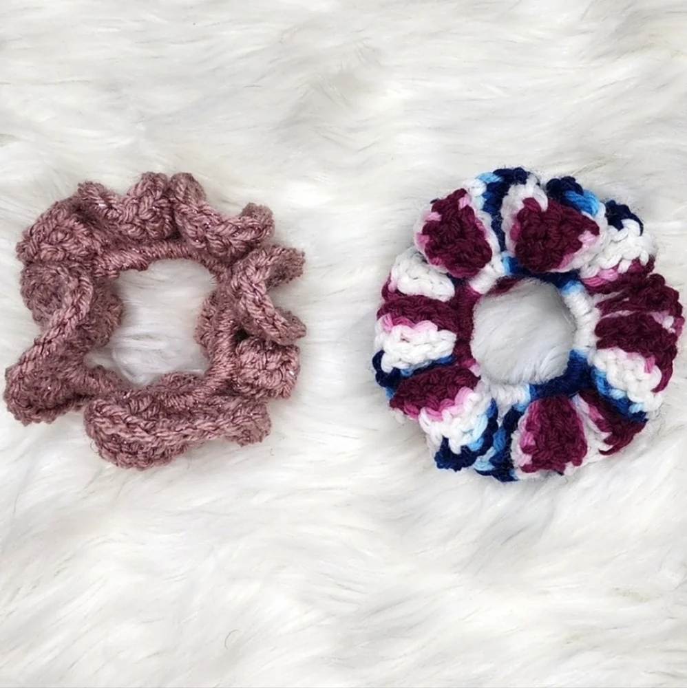 Handmade Textured Crocheted Scrunchies Ponytail Holder Hair Tie Set Of 2 - New